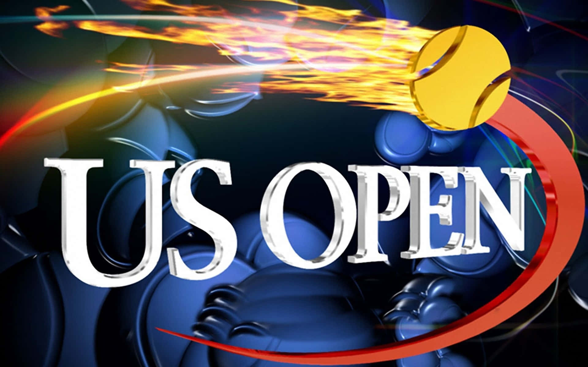 HD Tennis 桌布 壁紙 — 一個金色網球帶著火熱的動感，飛過粗體3D US OPEN文字，背景是旋轉的藍色和紅色抽象圖案。
