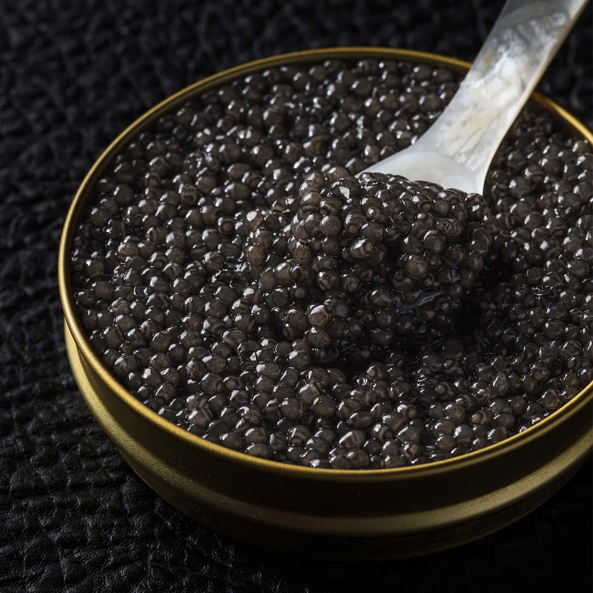 Black Caviar 桌布 壁紙 — 一個金色罐頭的特寫，裡面裝滿閃閃發光的黑魚子醬，銀匙舀起一堆。