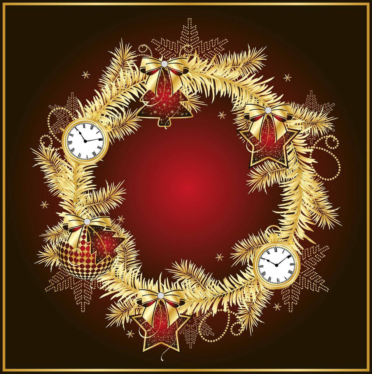 Wreath 桌布 壁紙 — 一個金色聖誕花環，裝飾著時鐘、鈴鐺、星星和蝴蝶結，背景為深紅色漸變。