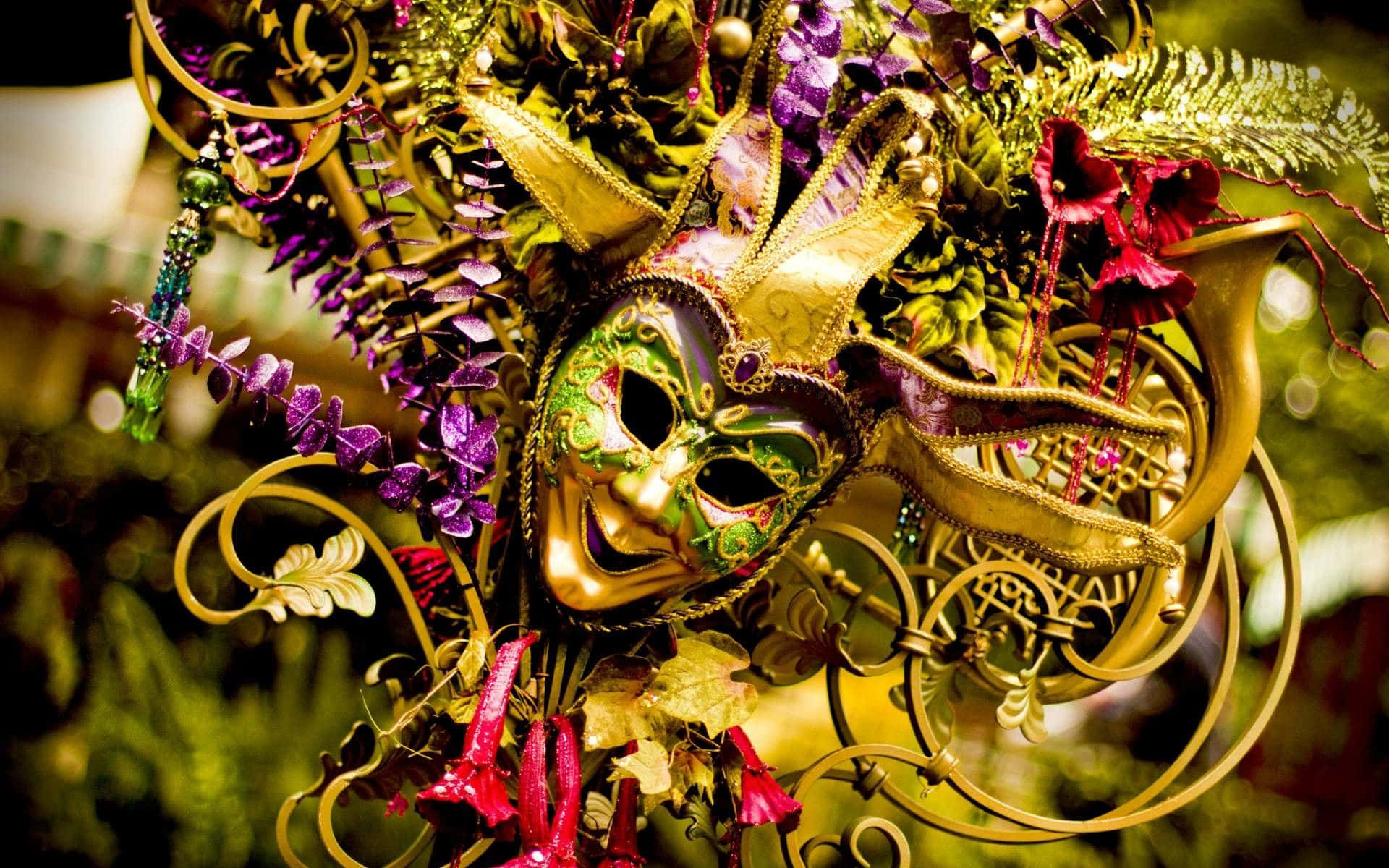 Mardi Gras 桌布 壁紙 — 一個金色華麗的威尼斯面具，飾有紫色花朵和紅色花朵，在旋轉的裝飾漩渦中閃閃發光。