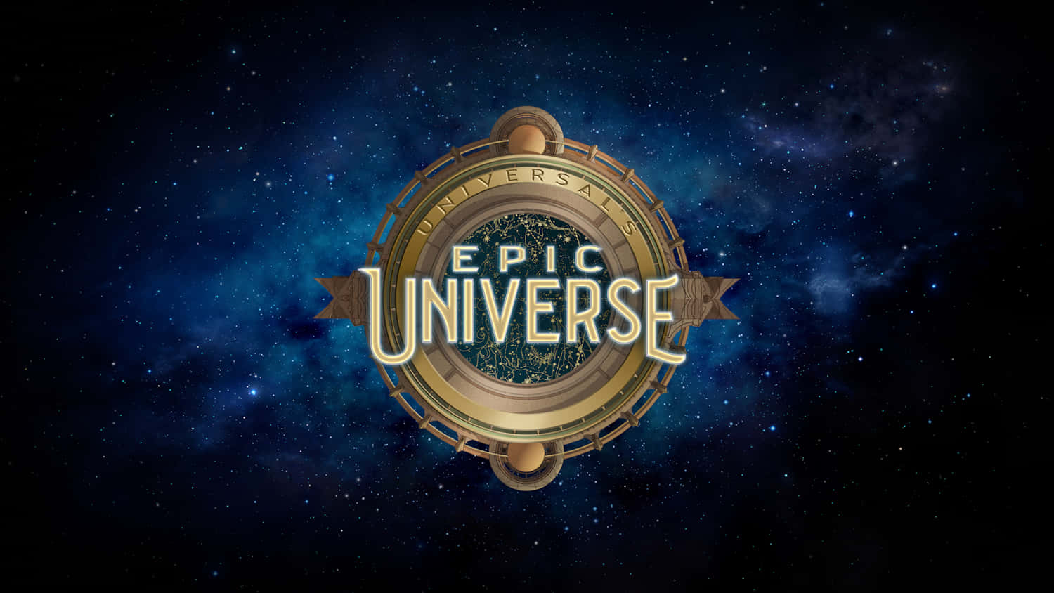 Universal 桌布 壁紙 — 一個金色華麗的指南針，上面有「Epic Universe」字樣，漂浮在星光閃爍的宇宙藍色星雲背景上。