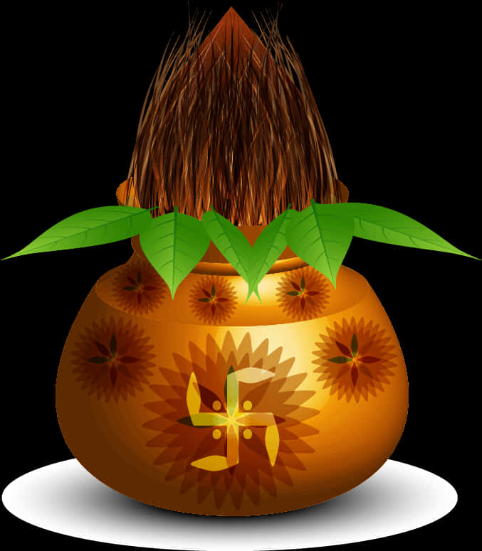 Hinduism 桌布 壁紙 — 一個金色華麗的花盆，頂部有椰子殼和綠色葉子，在黑色背景上呈現卍字標誌和花卉圖案。