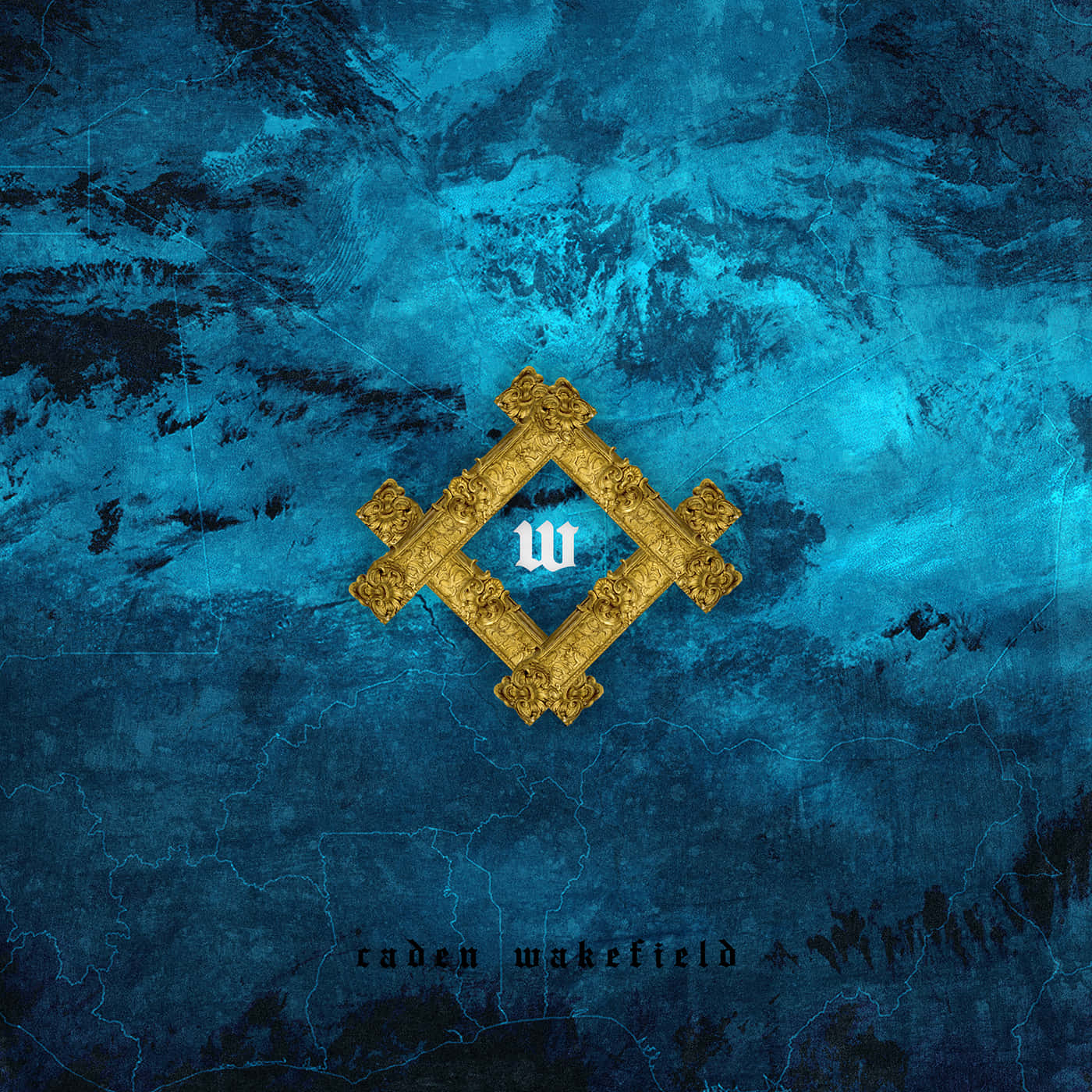 Cover Art 桌布 壁紙 — 一個金色華麗的鑽石框架，中央有一個白色的 'W'，位於帶紋理的藍色和黑色抽象背景上。