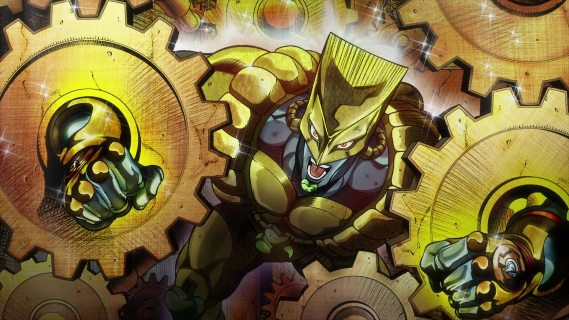 Stardust Crusaders 桌布 壁紙 — 一個金色裝甲、戴著面具的動漫角色，在動態動作場景中擊穿巨大的齒輪。