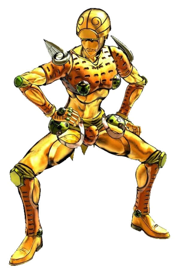Gold Experience Jojo 桌布 壁紙 — 一個金色裝甲動漫角色，擺出動態戰鬥姿勢，帶有綠色寶石點綴和鋒利的肩胛骨。