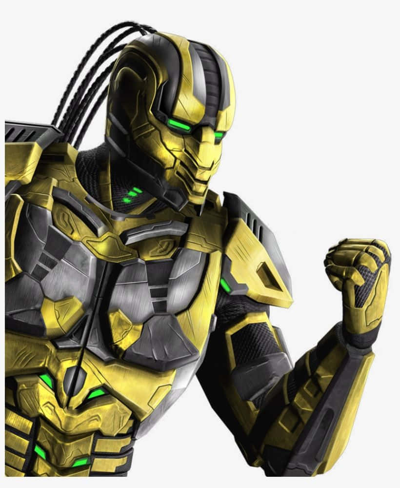 Mortal Kombat Cyrax 桌布 壁紙 — 一個金色裝甲機器人，頭上有發光的綠色眼睛和編織電纜，在純白色背景上握緊拳頭。