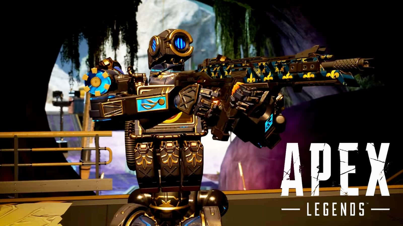 Apex 桌布 壁紙 — 一個金色裝甲機器人在昏暗的未來場景中手持帶有圖案的突擊步槍，並帶有「Apex Legends」標誌。