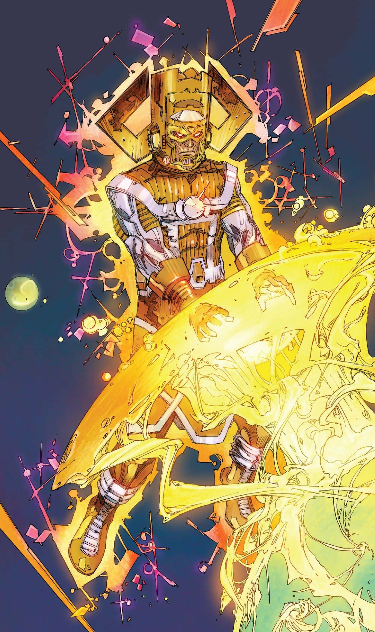 Living Tribunal 桌布 壁紙 — 一個金色裝甲的宇宙實體在抽象形狀和宇宙碎片的鮮豔爆炸中散發能量。