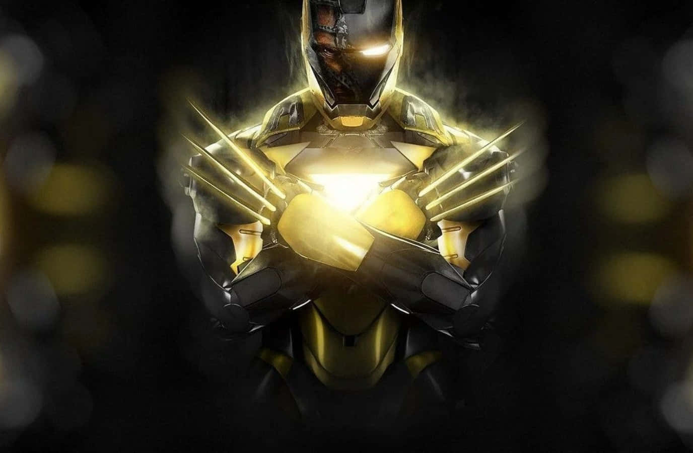 Vibranium Suit 桌布 壁紙 — 一個金色裝甲超級英雄，擁有發光的爪子和胸部標誌，站在黑暗煙霧環境中。