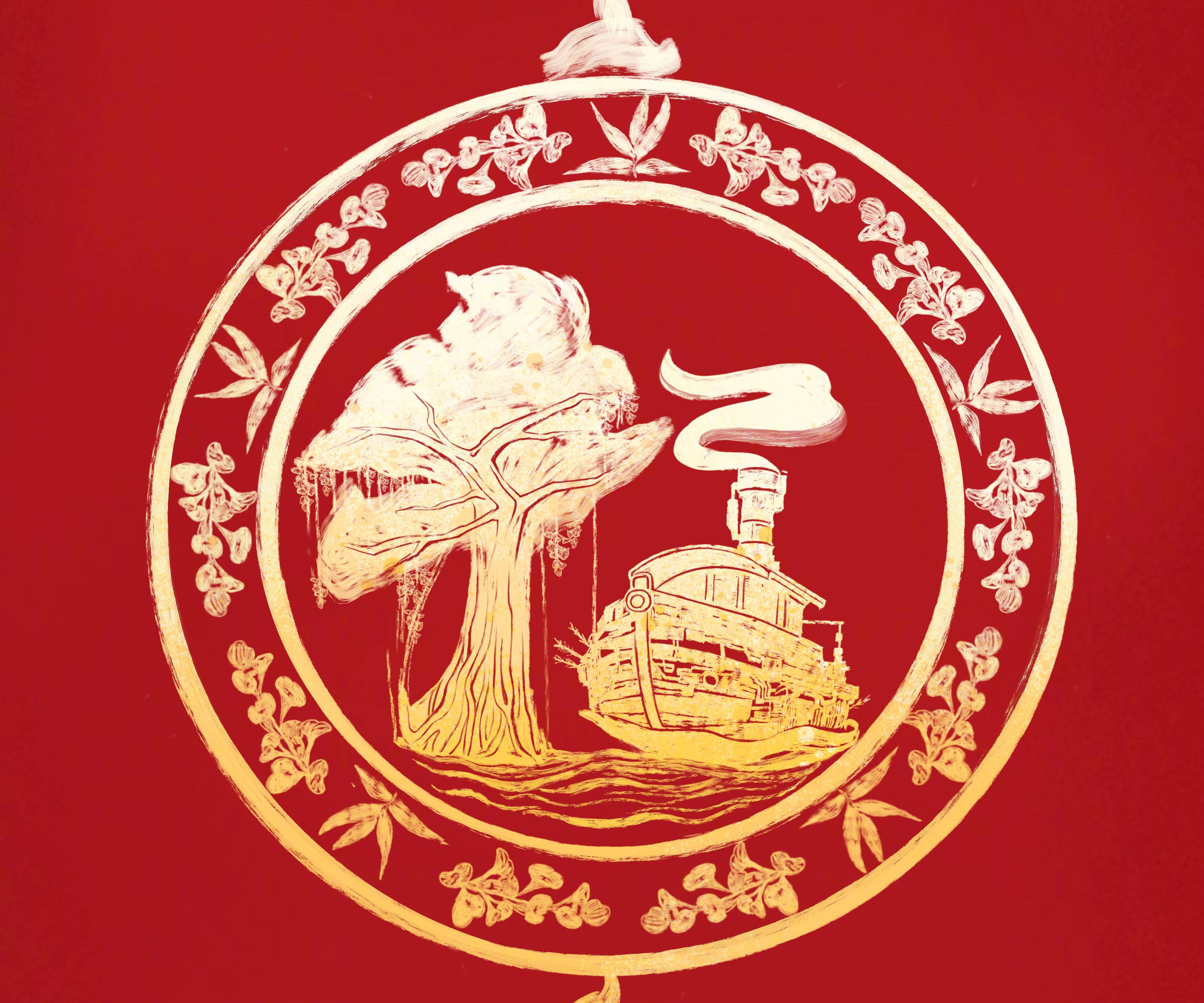 Jungle Cruise 桌布 壁紙 — 一個金色裝飾圓框，上面有樹和蒸汽船的插圖，掛在濃郁的紅色背景上。