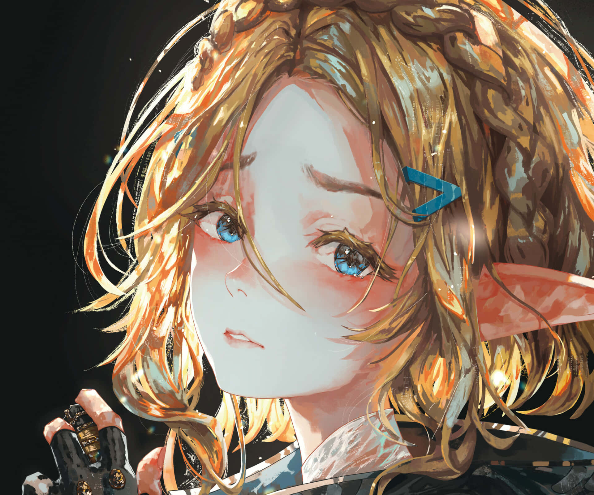 The Legend Of Zelda Tears Of The Kingdom 桌布 壁紙 — 一個金色辮子藍眼睛的動漫女孩特寫，在黑暗背景下溫柔地凝視。