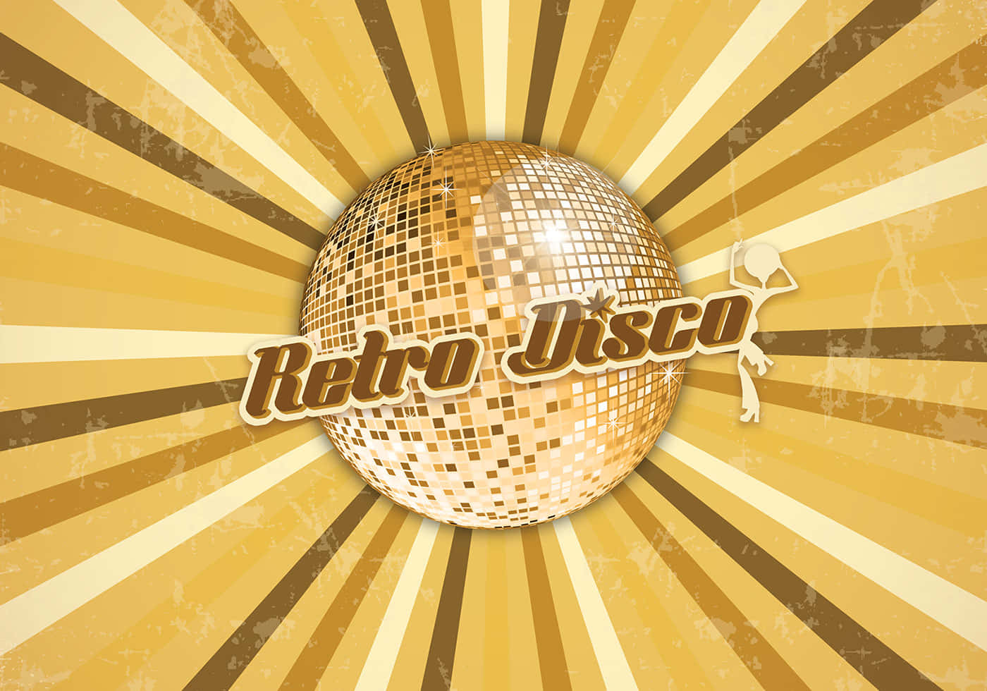 背景 桌布 壁紙 — 一個金色迪斯可球在太陽光線圖案中央閃耀，帶有「Retro Disco」文字和跳舞剪影。