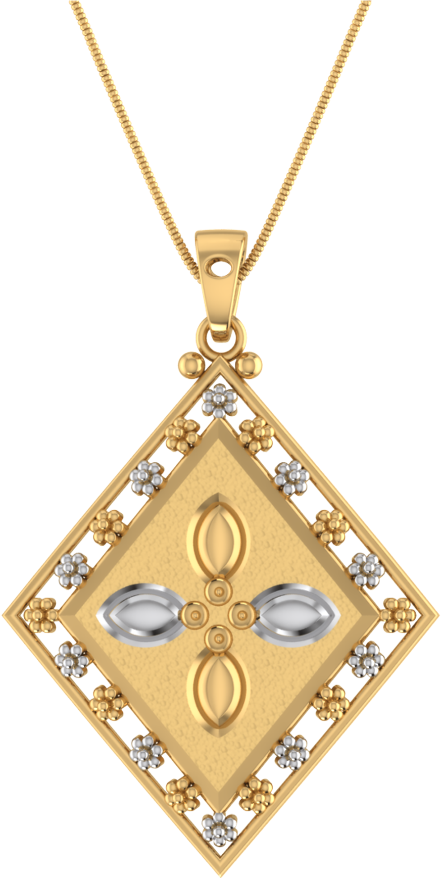 Necklace 桌布 壁紙 — 一個金色鑽石形吊墜，帶有銀色點綴和寶石，掛在一條金色鏈條上，背景為黑色。