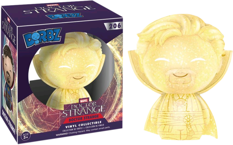 strange 桌布 壁紙 — 一個金色閃亮的奇異博士Dorbz乙烯基人偶坐在其紫色包裝旁，包裝上有神秘的宇宙設計。