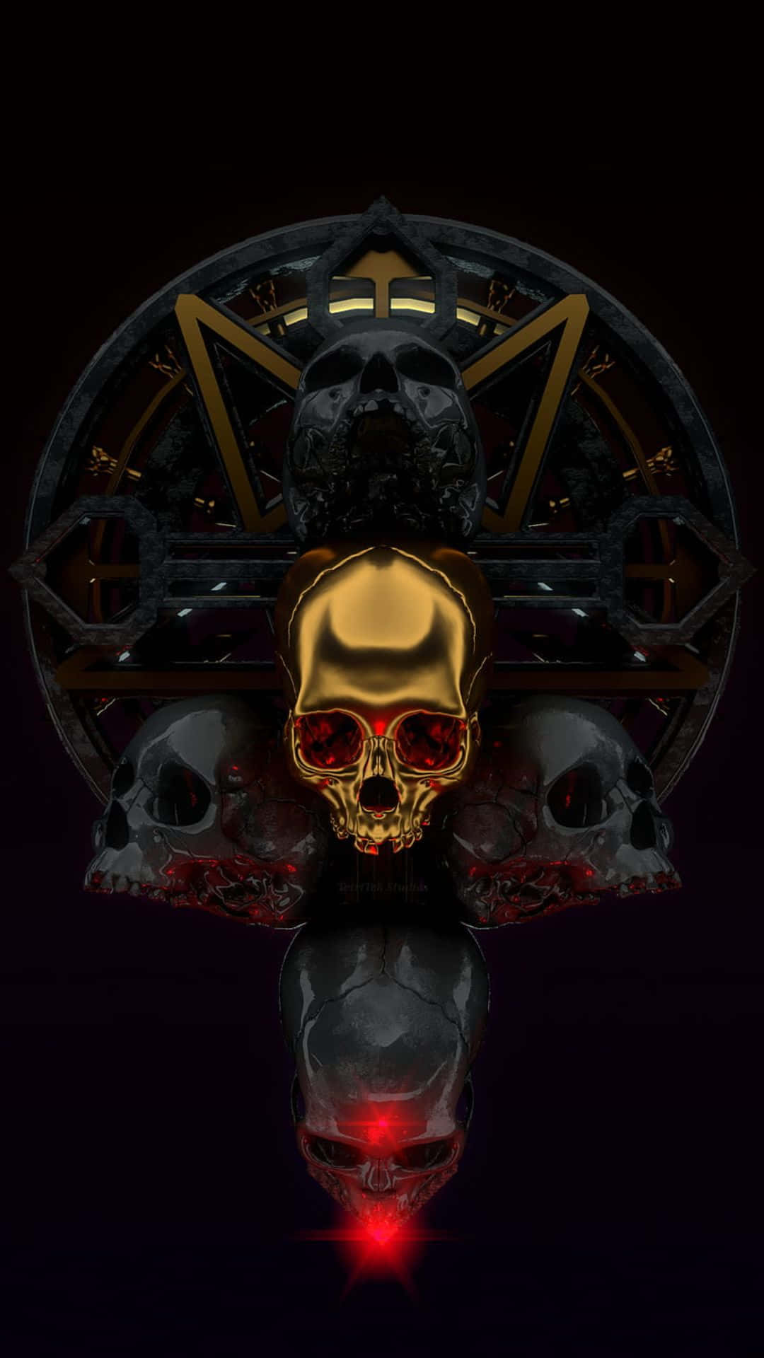 Gothic iPhone 桌布 壁紙 — 一個金色頭骨帶有發光的紅色眼睛，位於深色圓形框架中央，兩側有灰色頭骨，下方有鏡像。