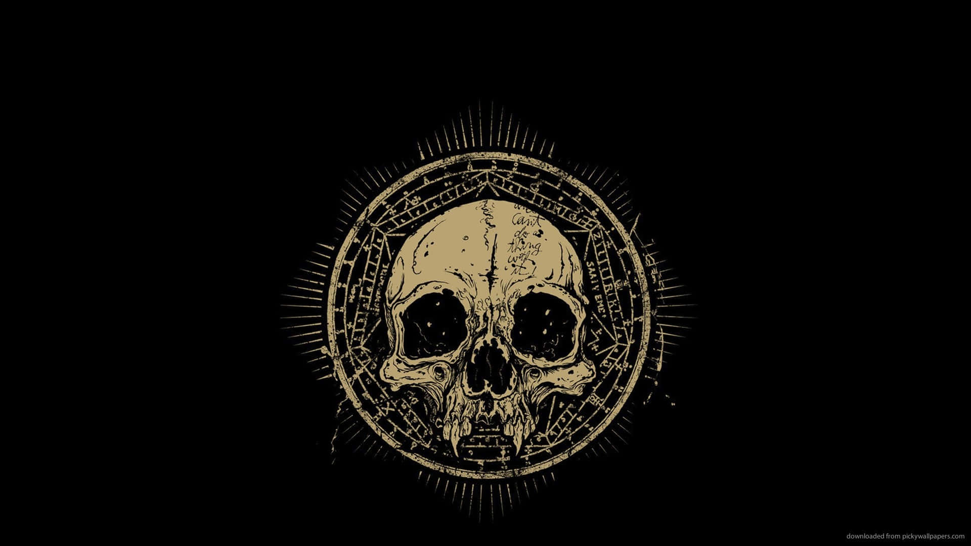 Awesome Skull 桌布 壁紙 — 一個金色頭骨被神秘符號和放射線環繞，襯托在純黑背景上。