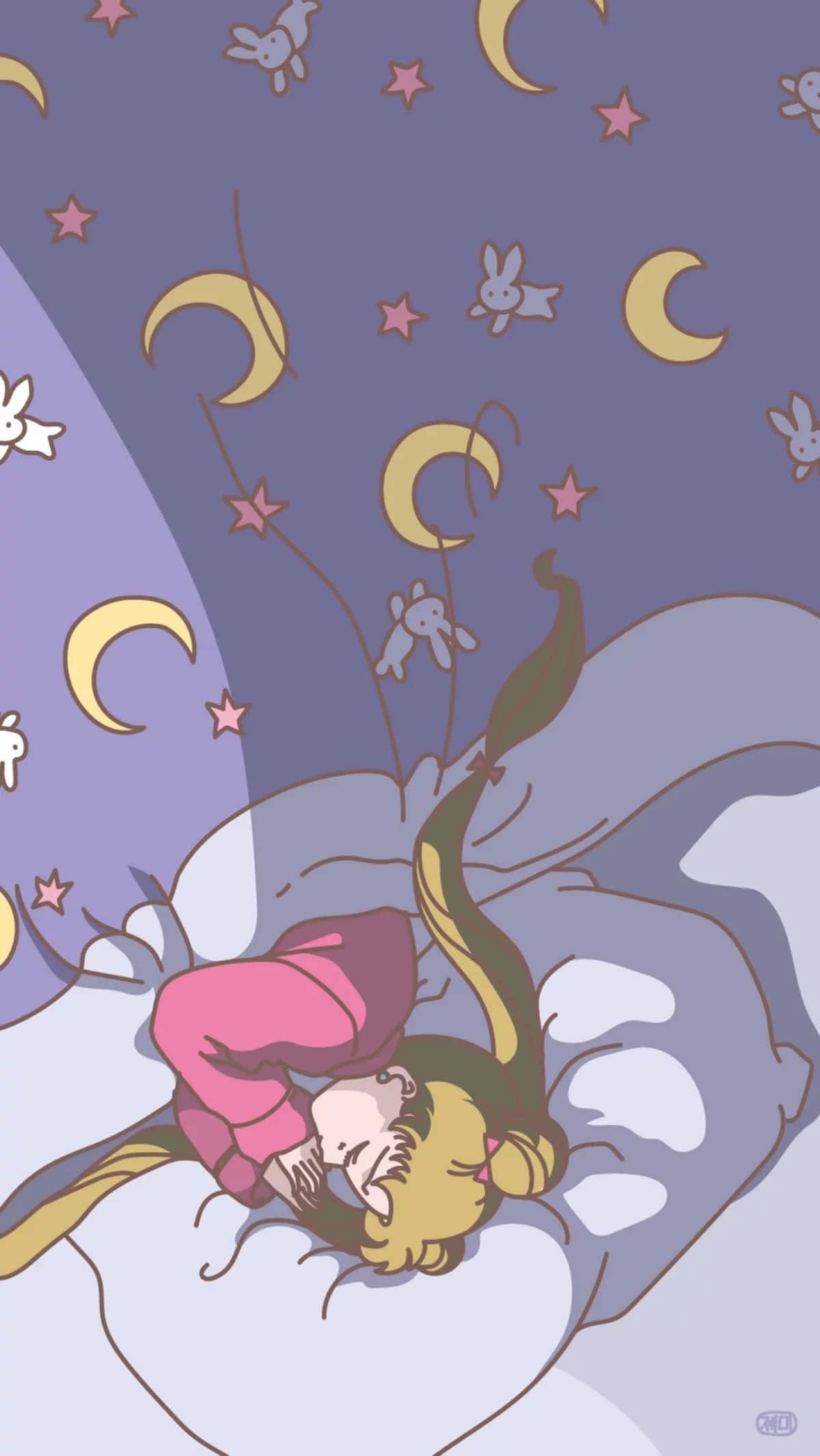 美少女戰士 桌布 壁紙 — 一個金色頭髮的沉睡動漫女孩在滿佈新月和兔子圖案的星空紫色天空下的雲朵上休息。
