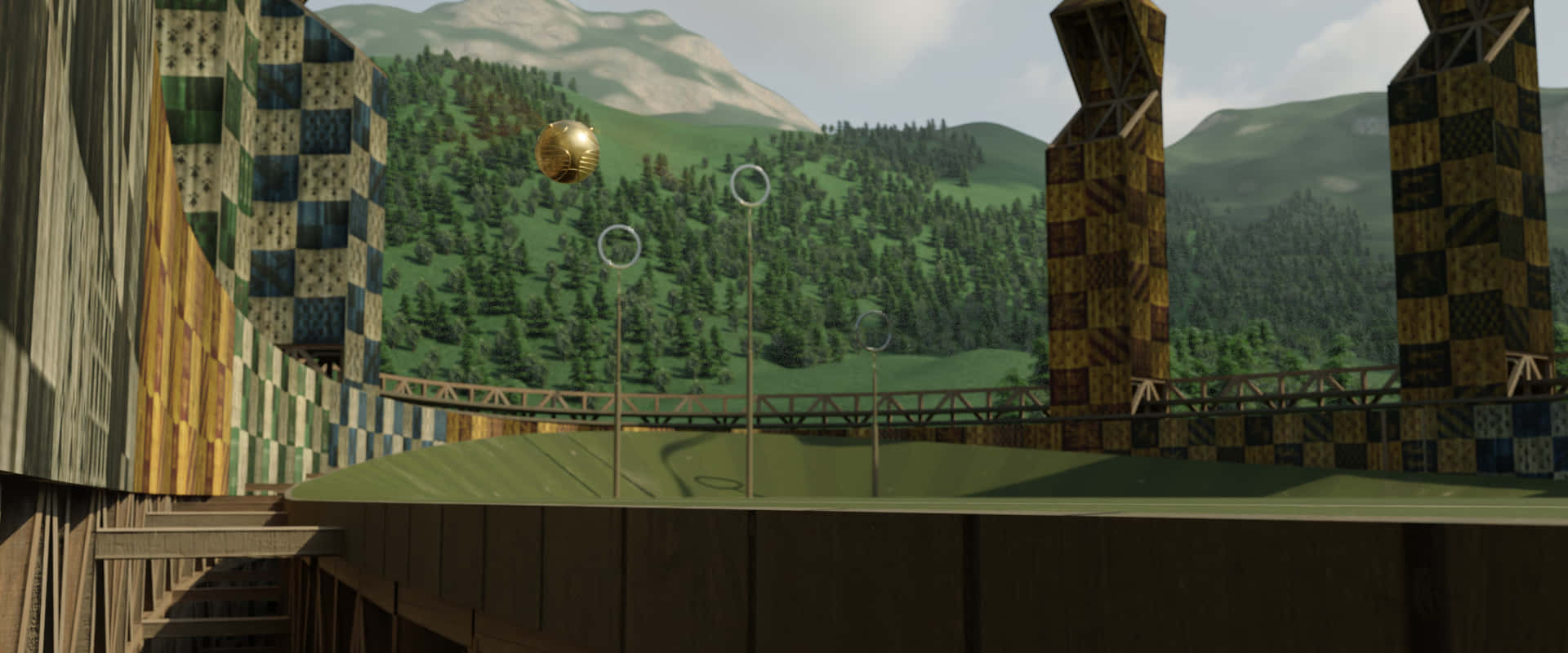 The Hogwarts Quidditch Pitch 桌布 壁紙 — 一個金色飛賊在棋盤格球門柱和森林覆蓋的山脈背景下，懸浮在魁地奇球場上方。