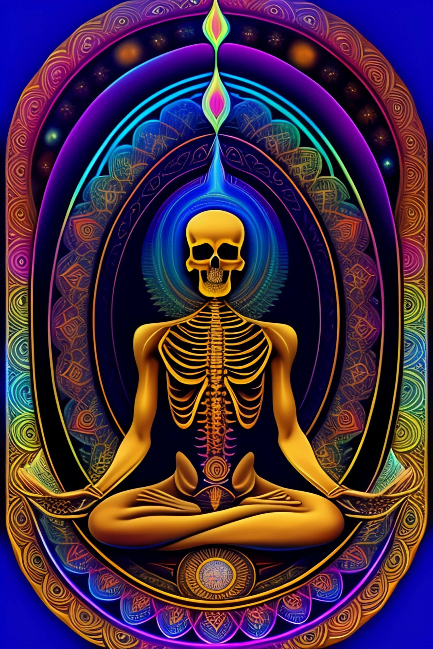Spirituality 桌布 壁紙 — 一個金色骷髏在發光的曼陀羅內以蓮花坐姿冥想，背景是宇宙藍色。