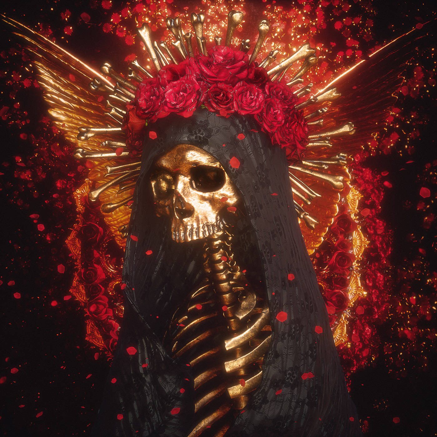 Santa Muerte 桌布 壁紙 — 一個金色骷髏形象，帶有天使翅膀和紅玫瑰冠冕，在黑暗熾熱的背景中飄浮於飄落的花瓣之間。