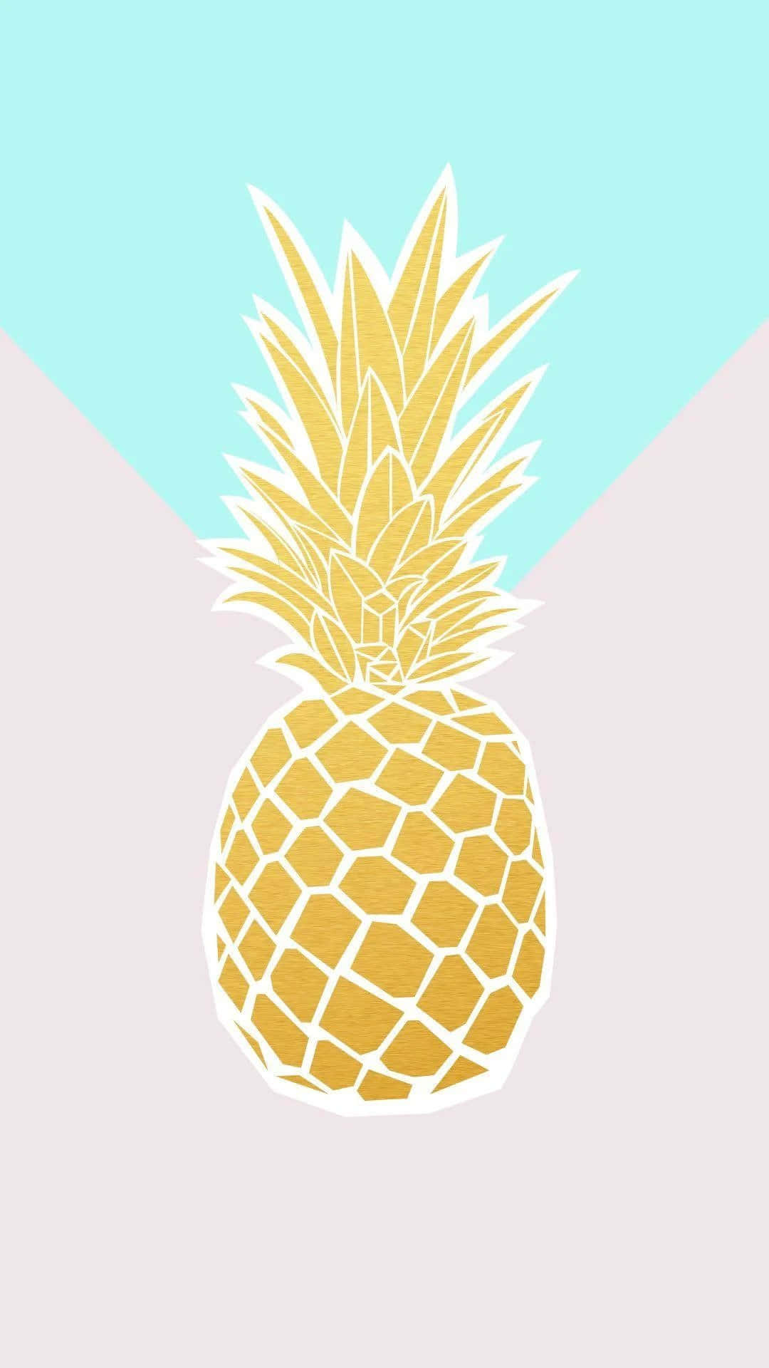 Pineapple 桌布 壁紙 — 一個金色鳳梨帶白色輪廓，居中放在淺藍色和淡粉色的分割背景上。