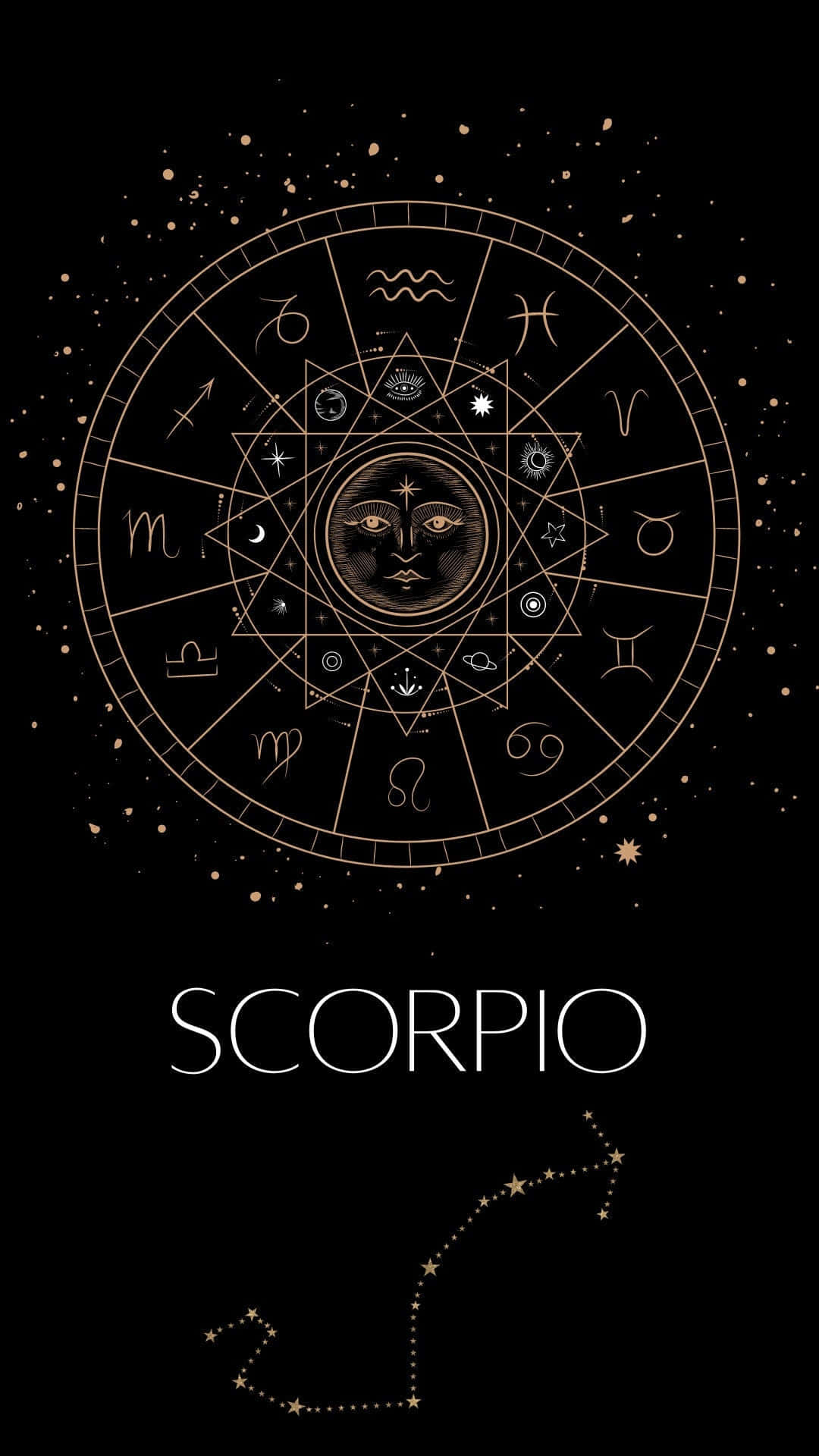 Scorpio Zodiac 桌布 壁紙 — 一個金色黃道輪盤，中央是天蠍座的面孔，周圍環繞著星座和占星符號，背景為黑色。
