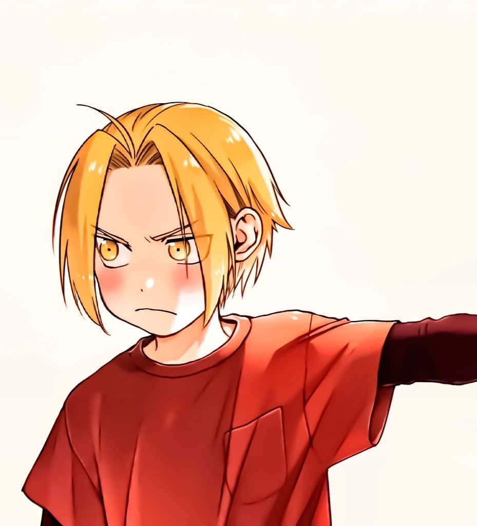 edward elric 桌布 壁紙 — 一個金髮、憤怒黃眼睛的動漫男孩穿著紅色襯衫，堅定地向前指。