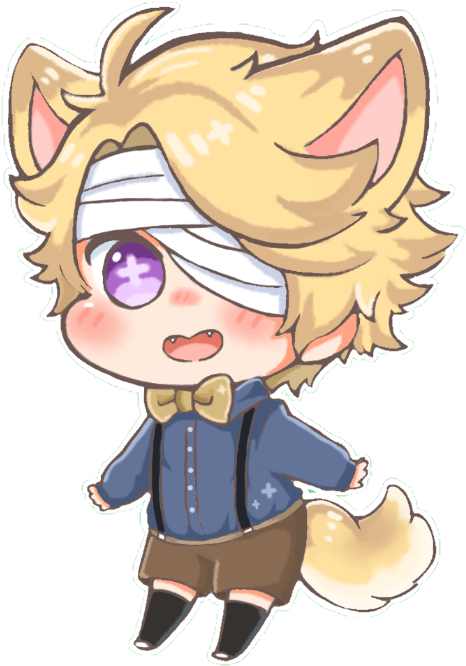 Cute Anime Boy 桌布 壁紙 — 一個金髮、戴白色眼罩的Q版動漫角色，穿著藍色襯衫和領結，開心地微笑。