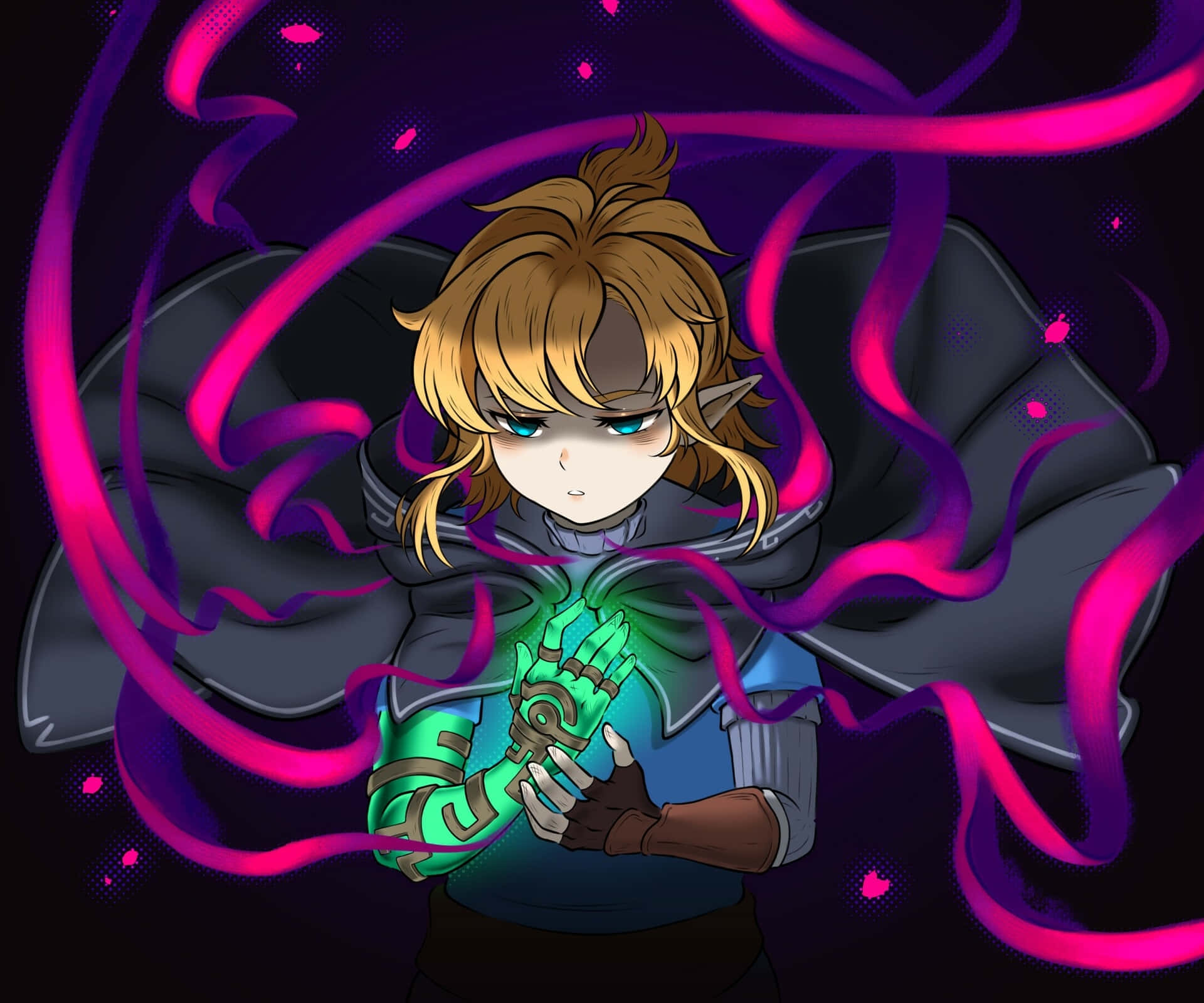 The Legend Of Zelda Tears Of The Kingdom 桌布 壁紙 — 一個金髮、戴著發光綠色護手的Q版動漫角色，在黑暗的宇宙場景中引導充滿活力的粉紅色能量。