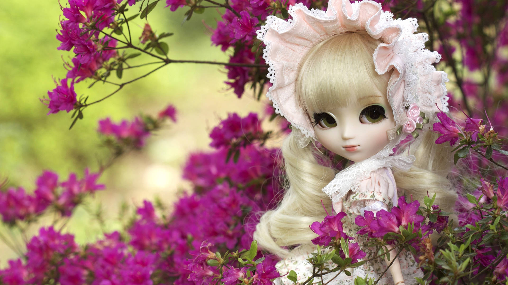 Doll 桌布 壁紙 — 一個金髮、戴著粉紅色蕾絲帽的洋娃娃坐在陽光普照的花園中，周圍是鮮豔的紫色花朵。