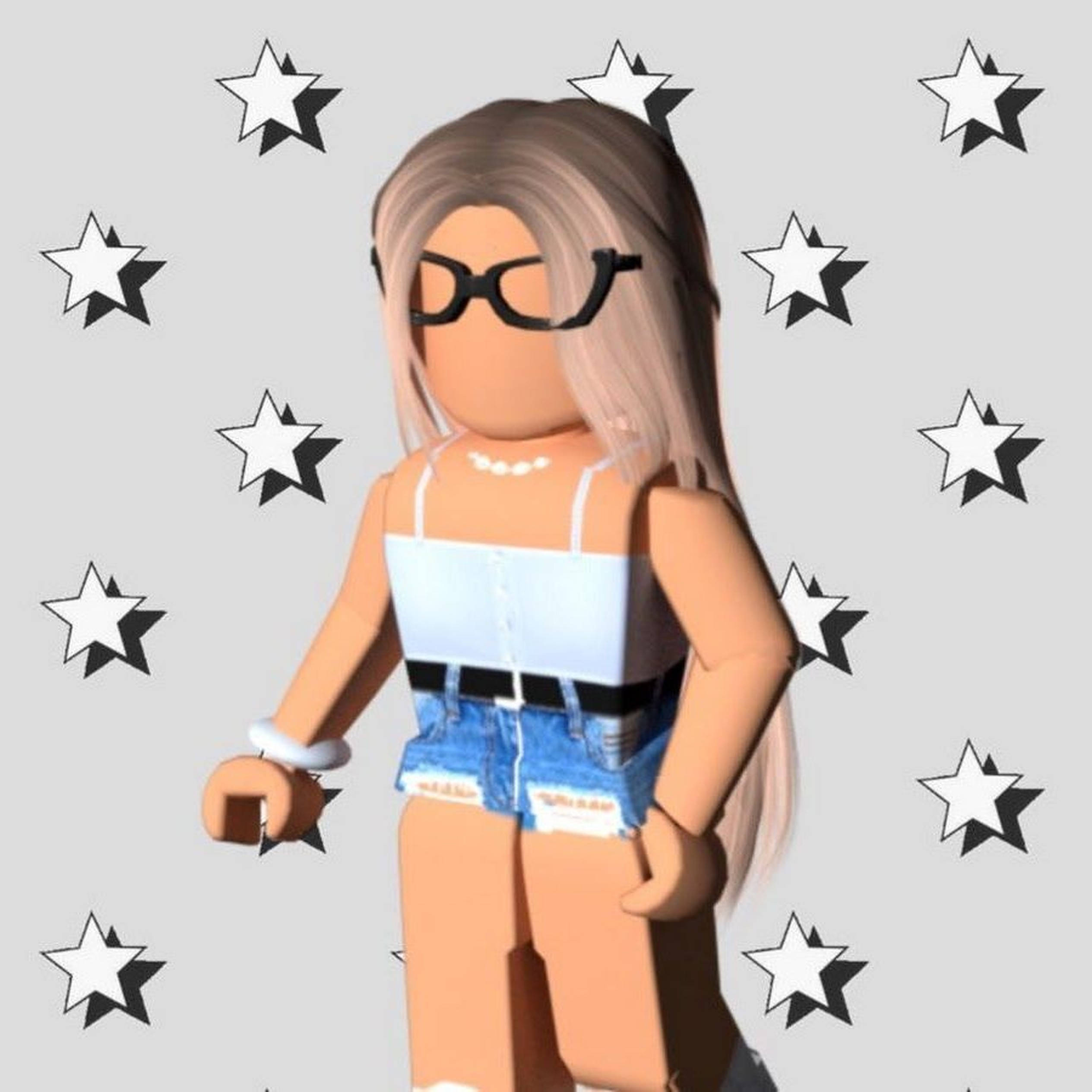 Roblox Girl 桌布 壁紙 — 一個金髮、戴黑色眼鏡的 Roblox 角色站在灰色背景前，背景散落著黑白星星。