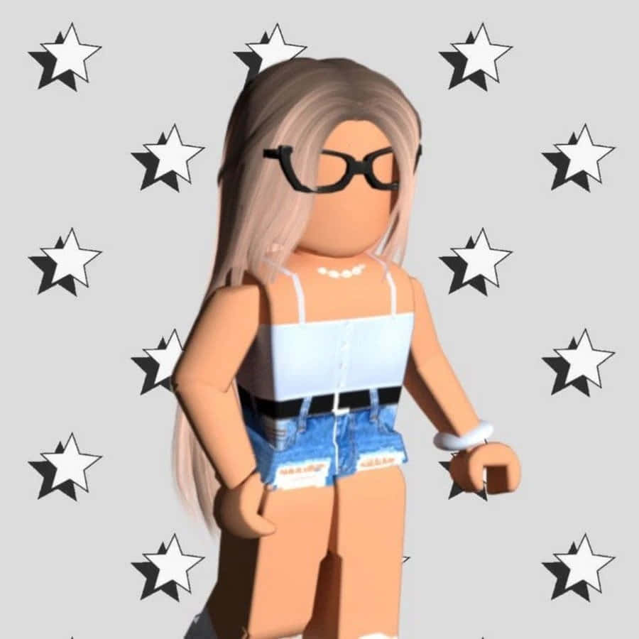 美學 Roblox 女孩 桌布 壁紙 — 一個金髮、戴黑色眼鏡的Roblox虛擬角色站在灰色背景前，背景散落著黑白星星。