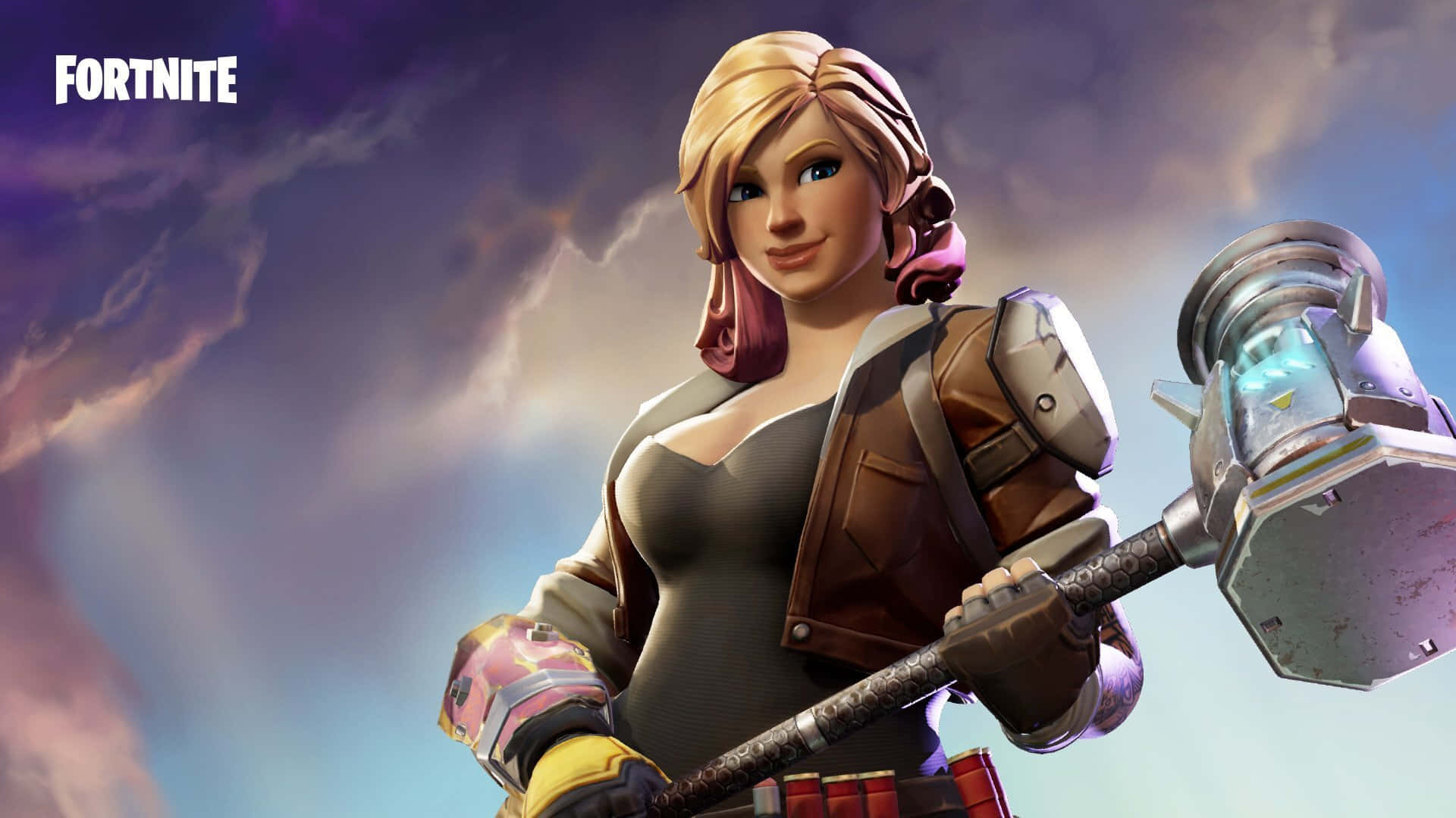 Fortnite 桌布 壁紙 — 一個金髮、手持大錘的Fortnite角色自信地站在戲劇性的紫色和藍色天空下。