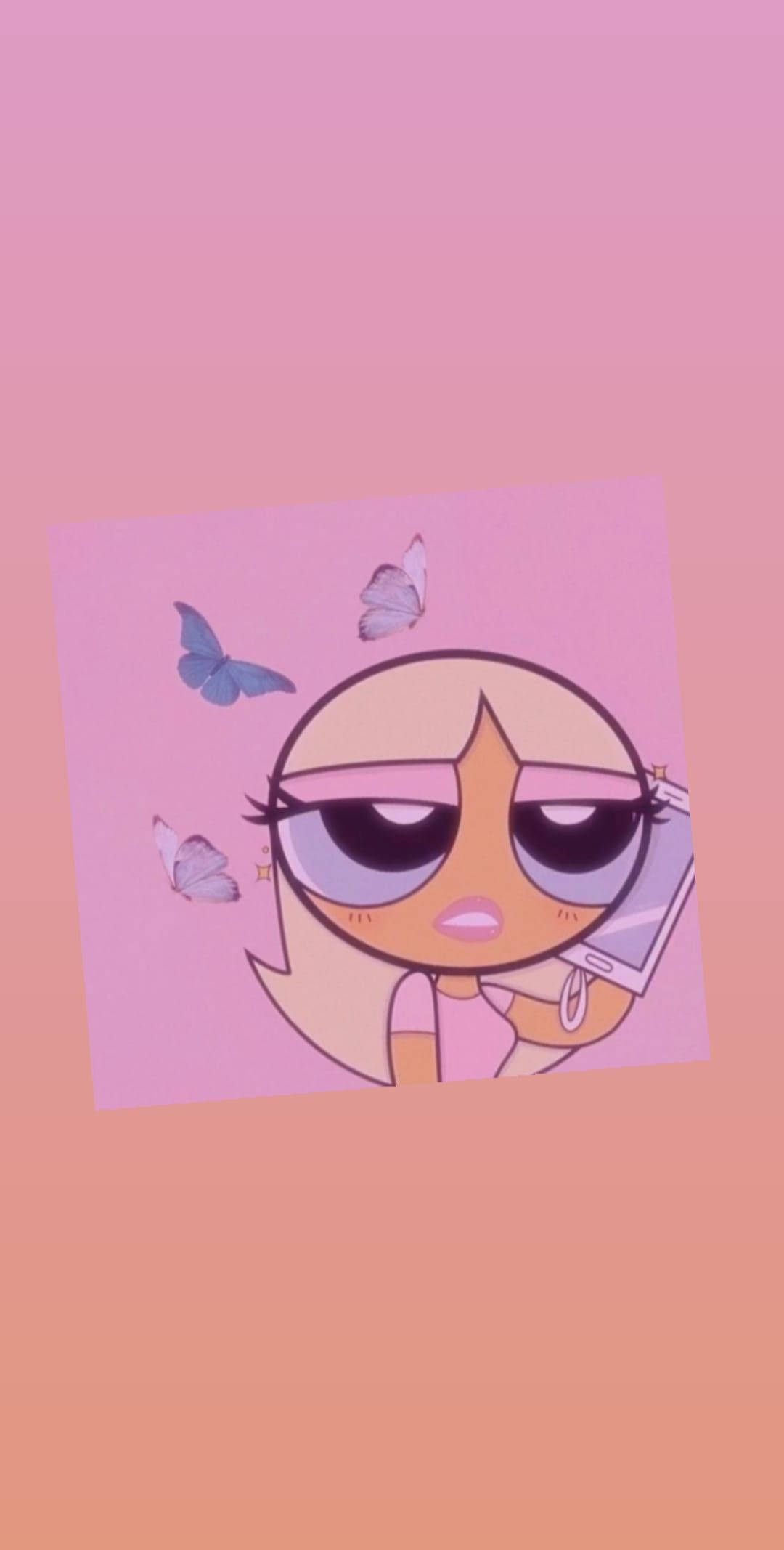 Powerpuff Girls 桌布 壁紙 — 一個金髮、眼神疲憊的卡通女孩，在粉紅色漸變背景中，蝴蝶圍繞她飛舞，她手持電話。