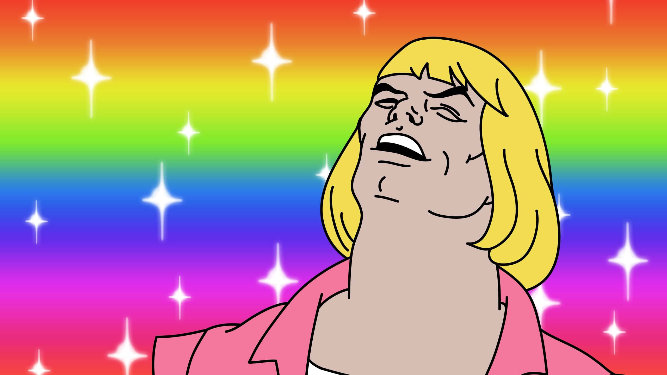 he man 桌布 壁紙 — 一個金髮、穿著粉紅色襯衫的卡通角色在充滿活力的彩虹星星背景前尖叫。