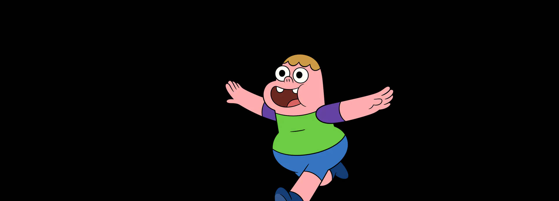 Animated 桌布 壁紙 — 一個金髮、穿著綠色襯衫的卡通男孩，在黑色背景上張開雙臂快樂地跳躍。