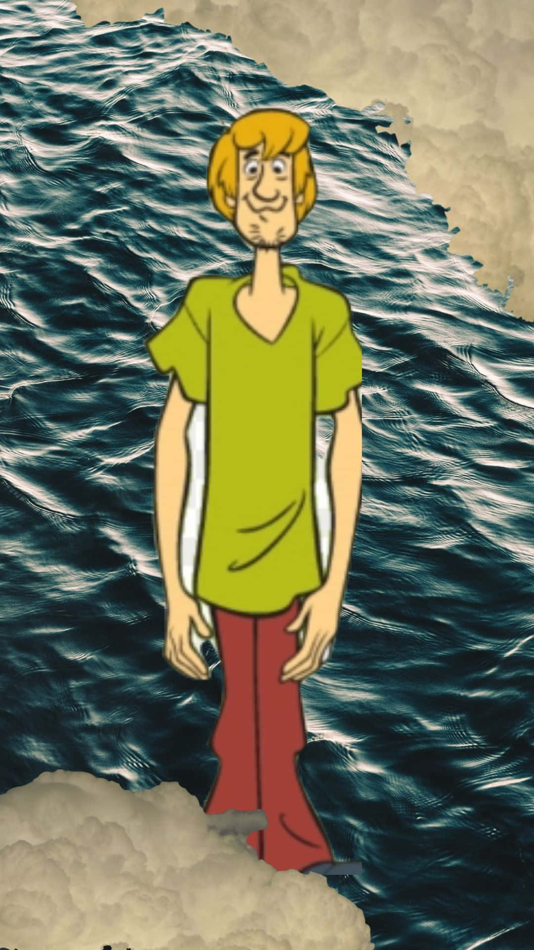 Shaggy Rogers 桌布 壁紙 — 一個金髮、穿著綠色襯衫的卡通角色站在雲上，四周是洶湧的深藍色海浪。