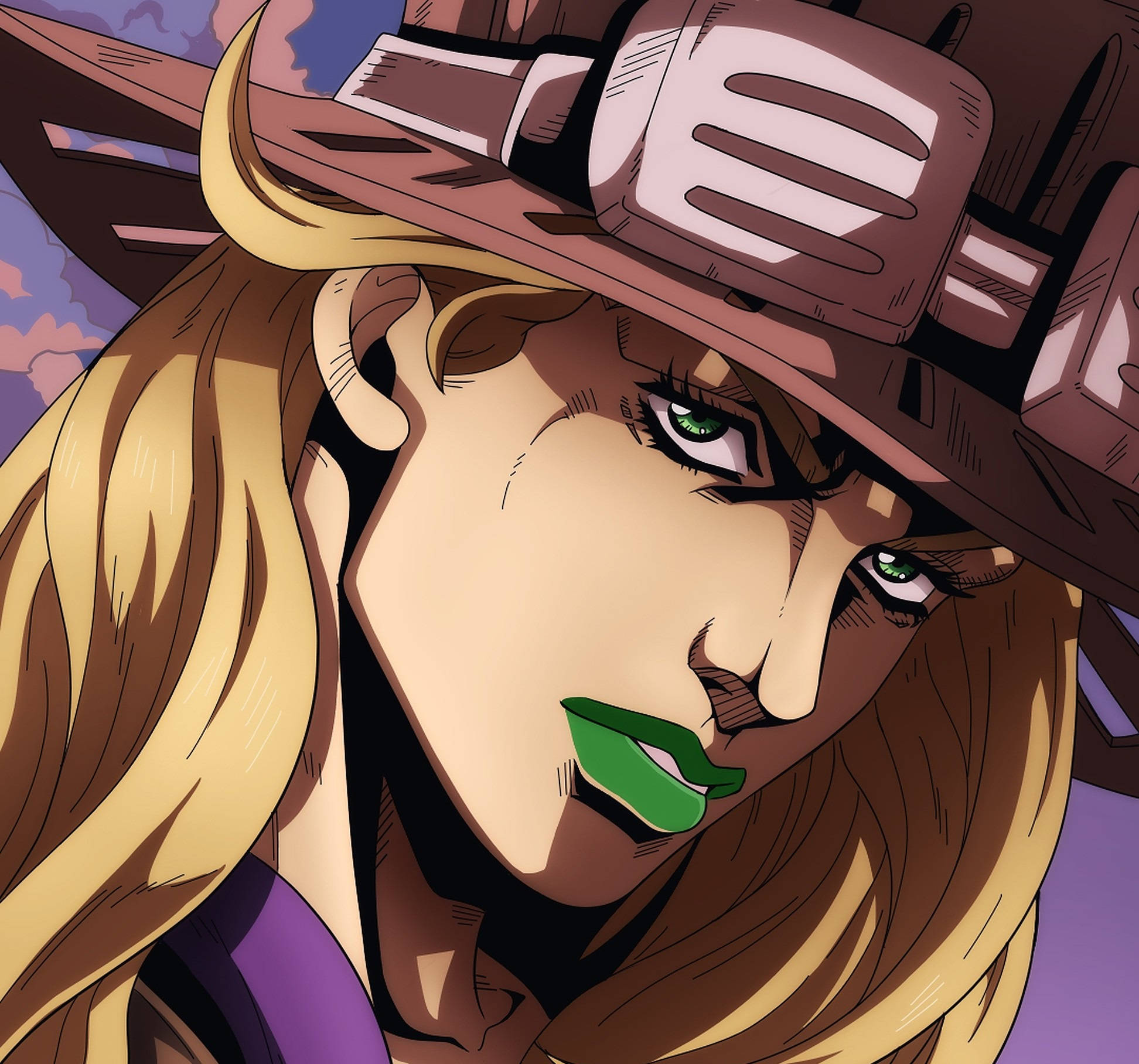 Gyro Zeppeli 桌布 壁紙 — 一個金髮、綠眼、塗綠色唇膏、戴棕色帽子的女性動漫特寫肖像。