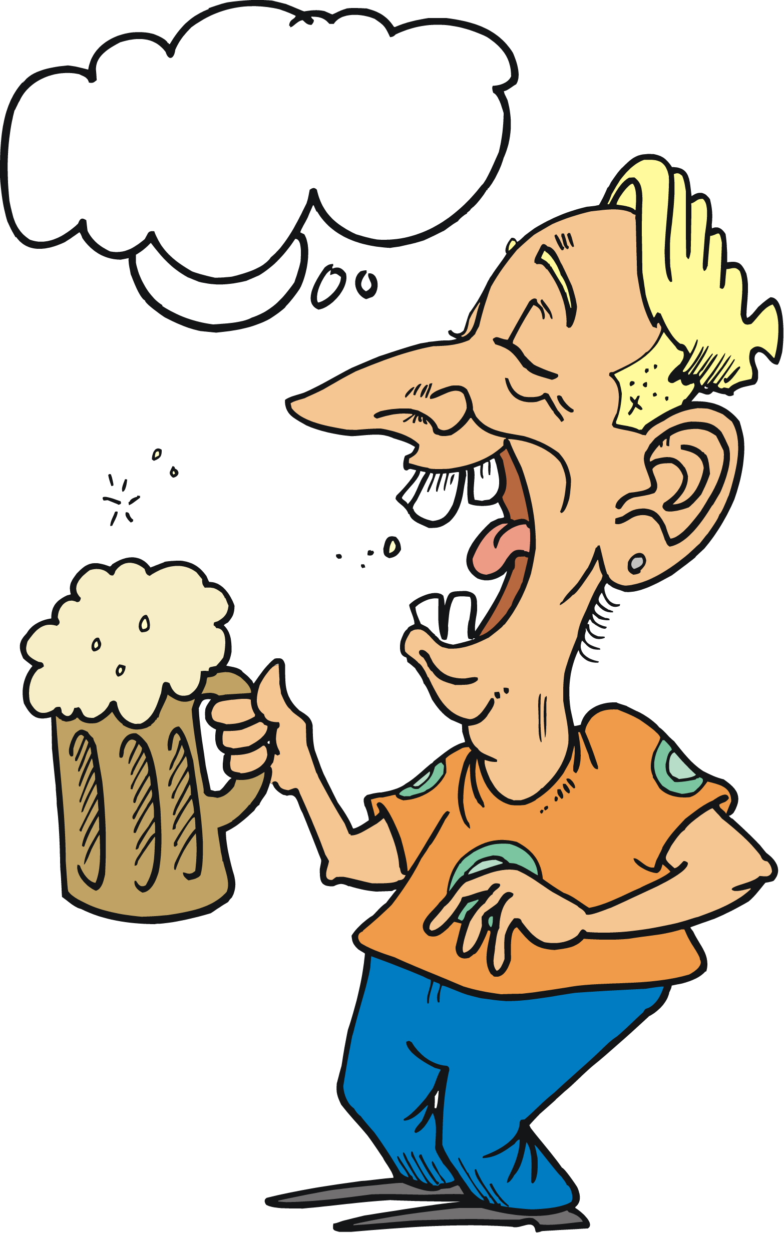 Drunk 桌布 壁紙 — 一個金髮、耳朵貼著繃帶的卡通男人，在黑色背景前瘋狂大笑，同時拿著一個有泡沫的啤酒杯。