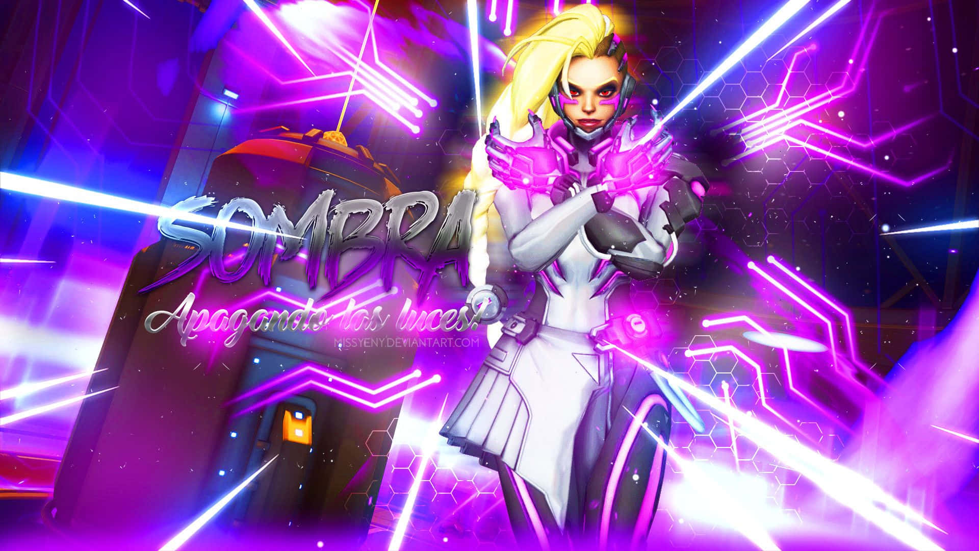 Overwatch Sombra 桌布 壁紙 — 一個金髮、身穿發光粉紅色科技裝備的賽博龐克動漫角色，站在霓虹紫色和藍色雷射光束與六邊形圖案之中。