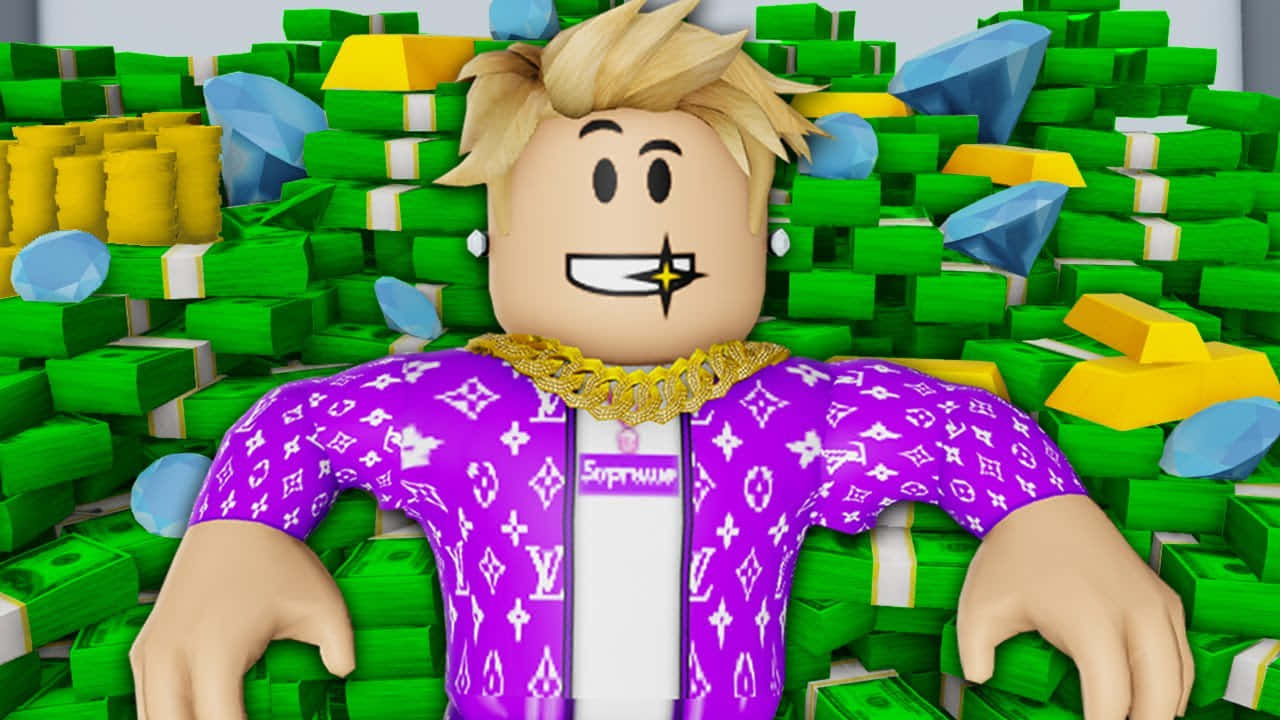 Roblox 桌布 壁紙 — 一個金髮、身穿紫色 Louis Vuitton 外套的 Roblox 角色，在綠色現金堆和金條之間閒逛。
