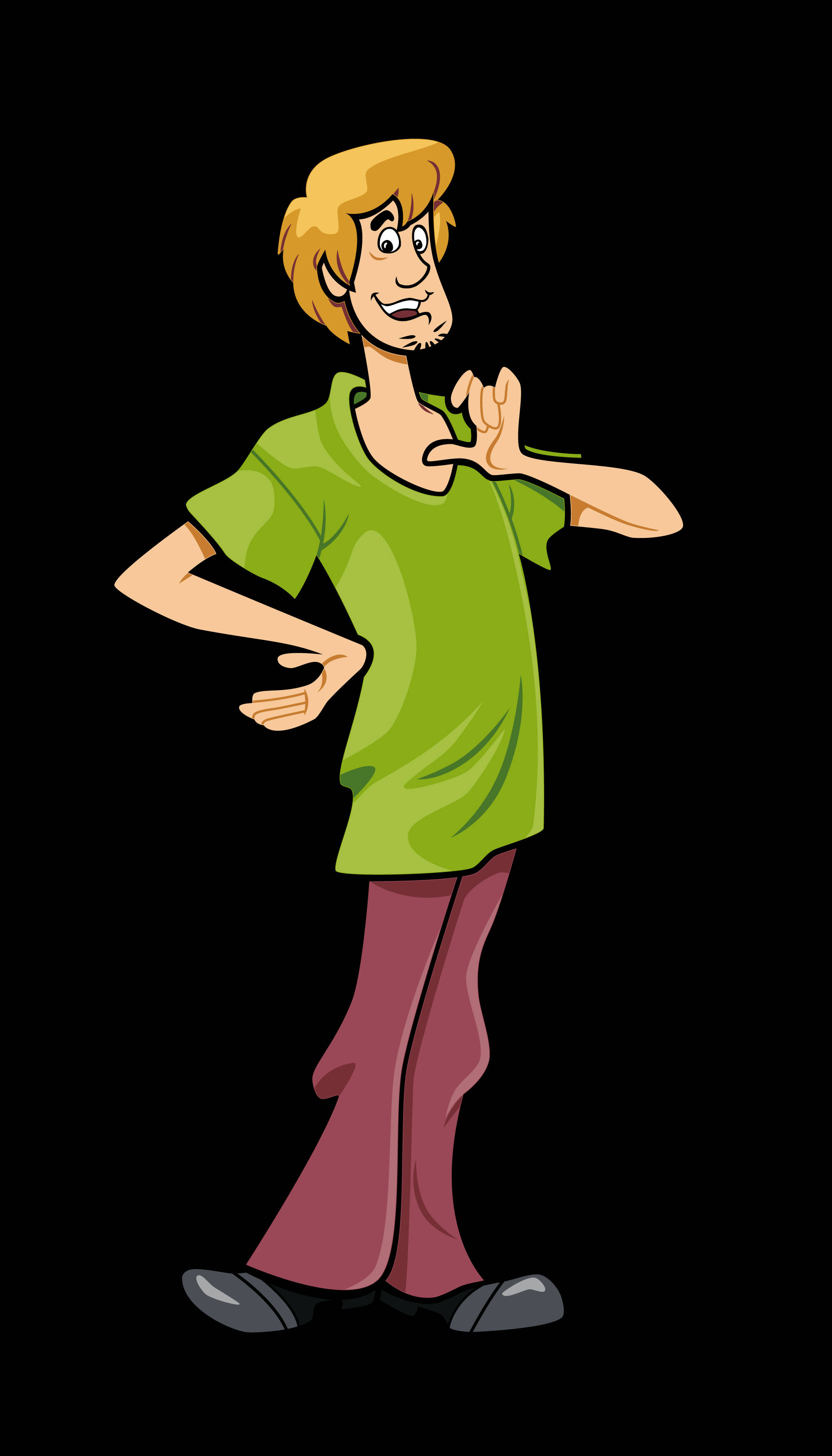 Shaggy 桌布 壁紙 — 一個金髮、身穿綠色襯衫的卡通角色在黑色背景前自信地擺姿勢。