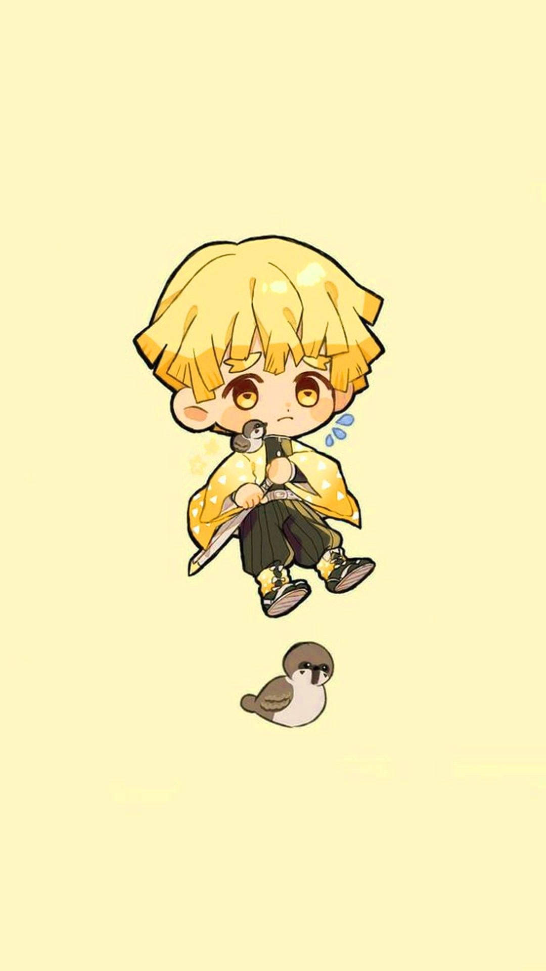 Zenitsu 桌布 壁紙 — 一個金髮、身穿黃色和服的Q版動畫男孩，在一隻小鳥上方緊張地流汗，手持一把劍。