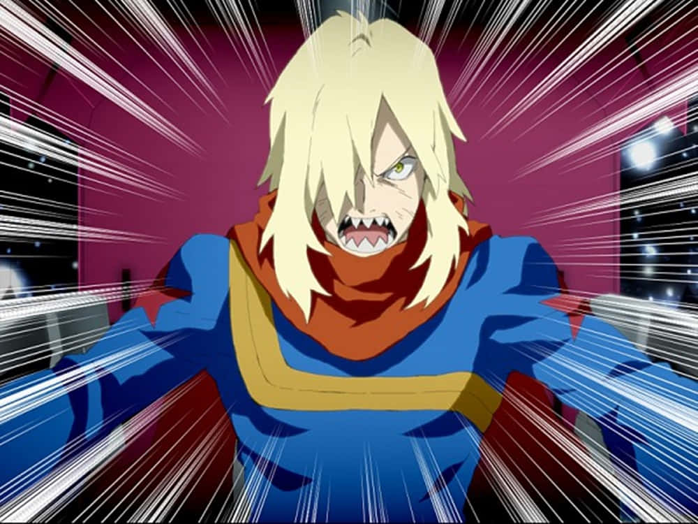 Gurren Lagann Viral 桌布 壁紙 — 一個金髮且表情兇猛的動漫角色，在洋紅色背景上帶著動態速度線向前衝刺。