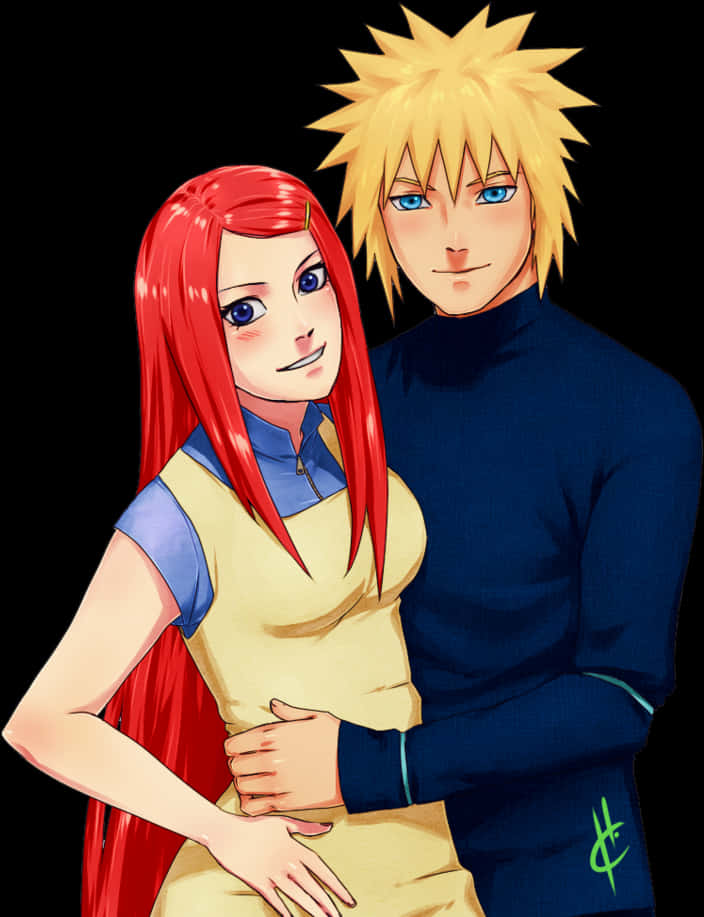 minato namikaze 桌布 壁紙 — 一個金髮刺刺的男人穿著深藍色高領毛衣，擁抱一個穿著黃色上衣的紅髮女人，背景是黑色。