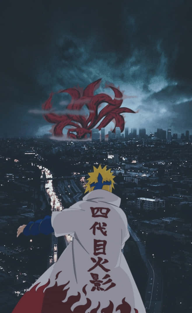 Fourth Hokage 桌布 壁紙 — 一個金髮刺蝟頭的忍者站在夜晚的城市頂端，面對暴風雨天空中一隻巨大的紅色九尾狐靈。