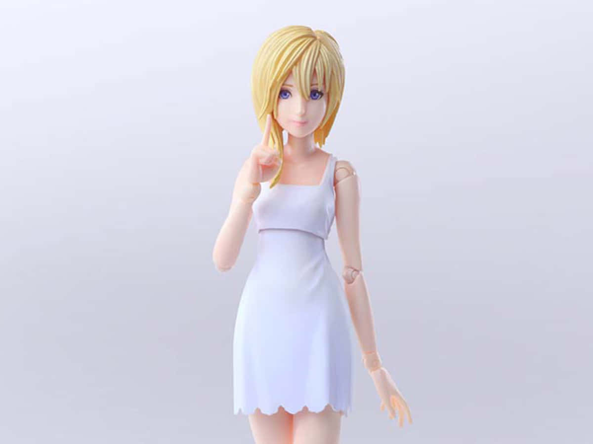 Kingdom Hearts Namine 桌布 壁紙 — 一個金髮動漫人物穿著白色連衣裙，在純淺灰色背景上舉起一根手指。