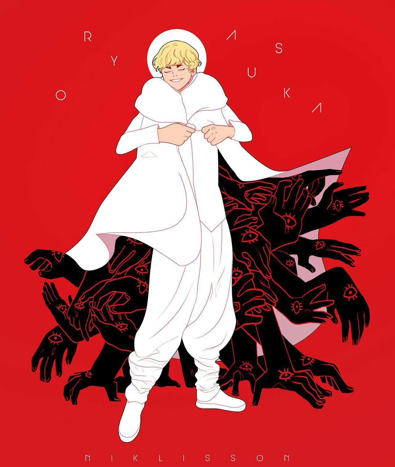 Devilman Crybaby 桌布 壁紙 — 一個金髮動漫人物穿著白色長袍，冷靜地站著，背後有帶眼睛的黑色手從鮮紅色背景中出現。