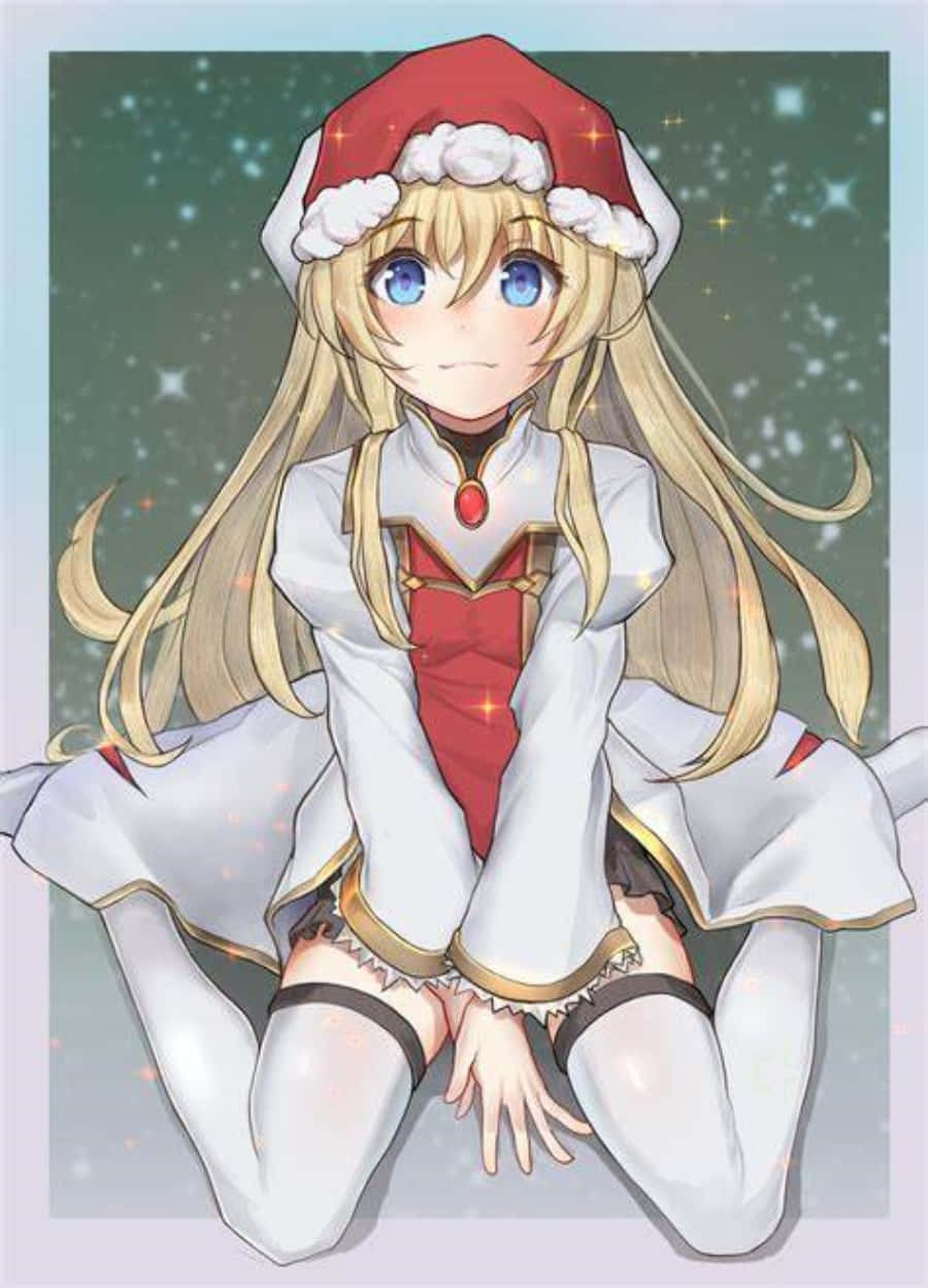 Goblin Slayer 桌布 壁紙 — 一個金髮動漫女孩，戴著紅白相間的聖誕帽，穿著節日服裝，坐在閃爍的星空背景下。