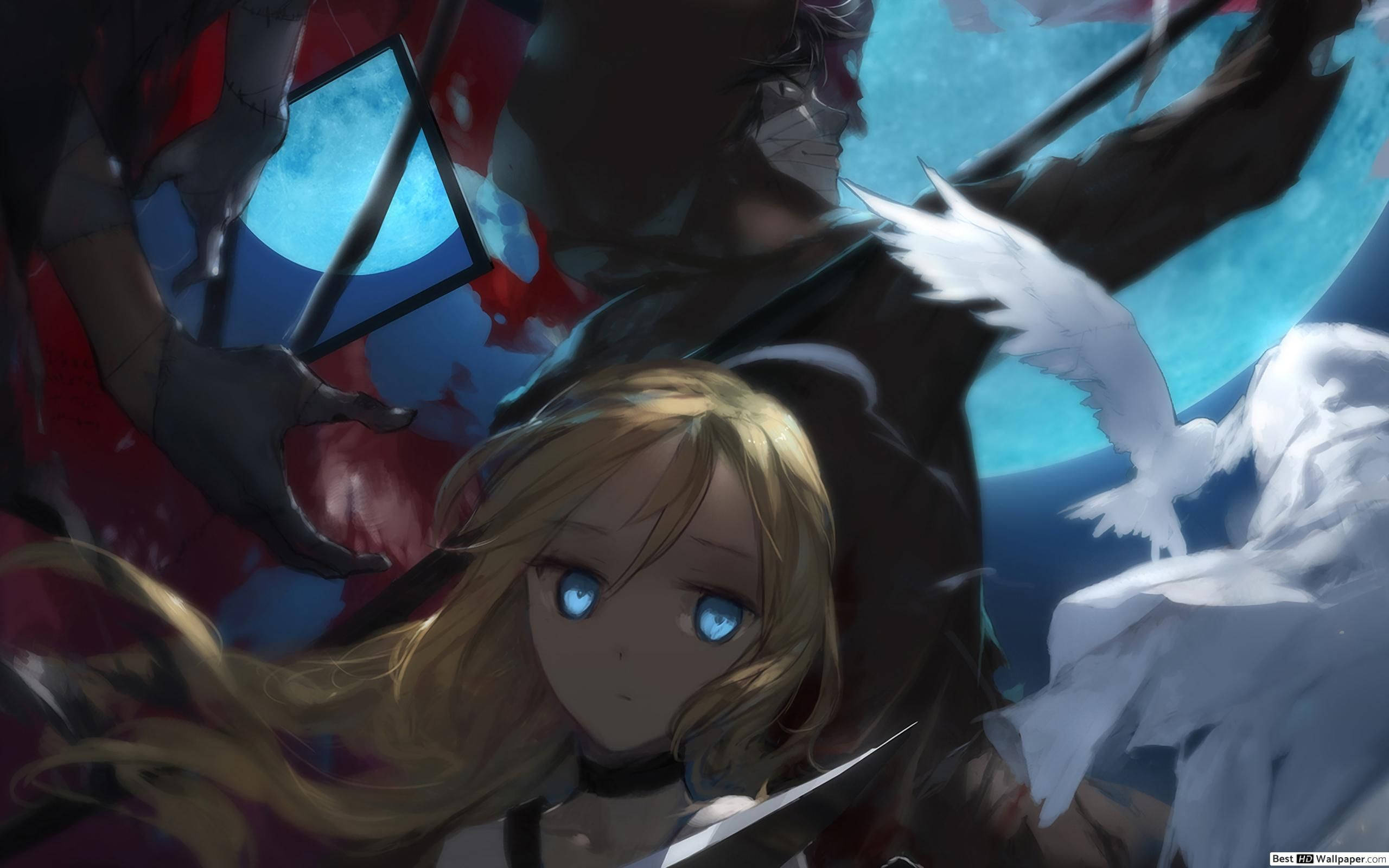 angels 桌布 壁紙 — 一個金髮動漫女孩，擁有發光的藍色眼睛，直視前方，身後有一個黑暗的帶翼身影，在血紅色和藍色的月光天空下若隱若現。